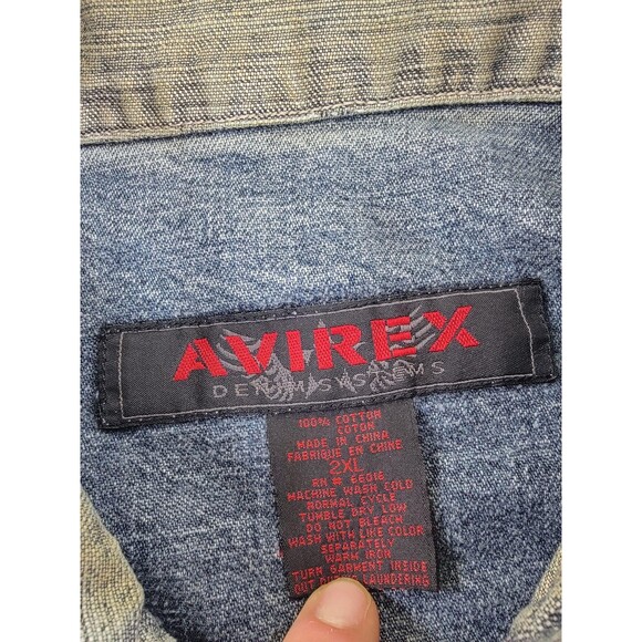 Avirex Denim Jacket Mens 2XL Blue Tribal Sleeve Graphic Button Up Distressed - Picture 2 of 15